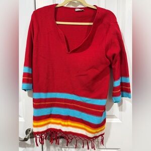 Escada Red and Blue Striped V-Neck Sweater